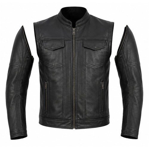 Men's Premium Cowhide Leather Motorcycle Jacket – Convertible Zip-Off Sleeve Vest