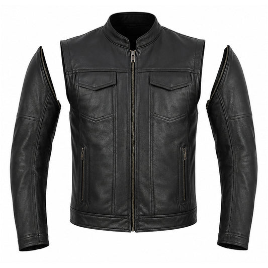 Men's Premium Cowhide Leather Motorcycle Jacket – Convertible Zip-Off Sleeve Vest