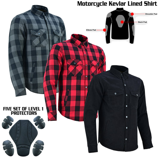 Men’s Motorcycle Shirt Kevlar Lined CE Approved Protectors on Elbows, Shoulders & Back