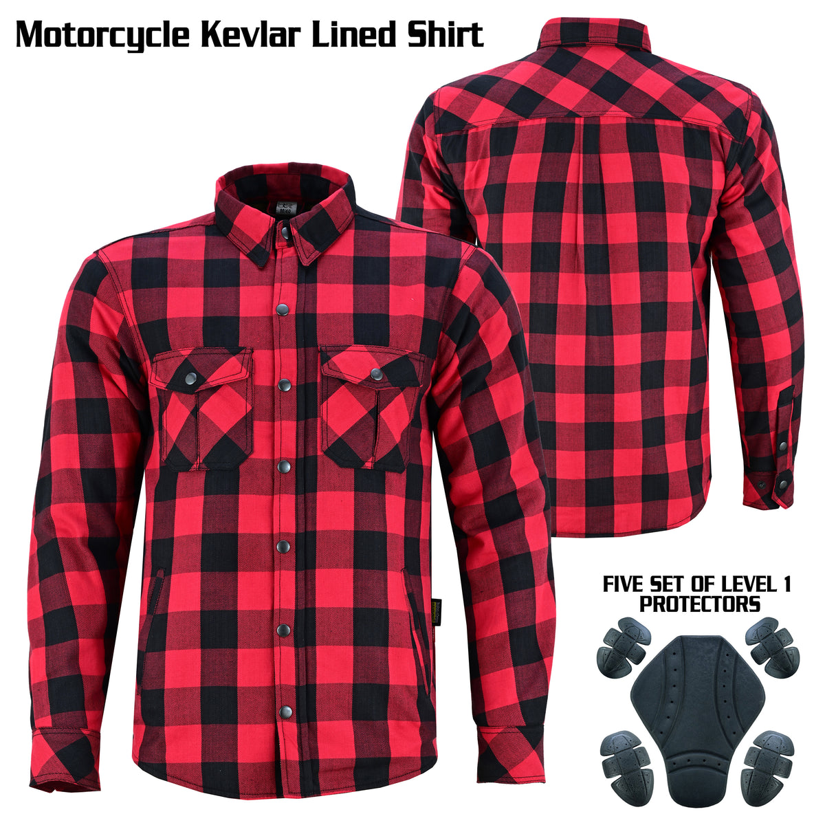 Men’s Motorcycle Shirt Kevlar Lined CE Approved Protectors on Elbows, Shoulders & Back