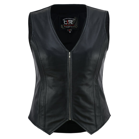 Stealth Women’s Leather Motorcycle Vest – Slim Fit Cowhide Biker Vest with Zip Closure Black