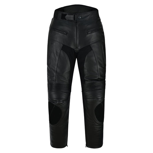 Men’s Cowhide Leather Motorcycle Riding Pants – Stretch Cordura Panels, Air Vents & Knee/Thigh Armor
