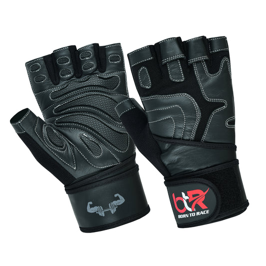 Weight Lifting Leather Gloves - Fingerless, Padded, Long Wrist Support Unisex Design For Men & Women